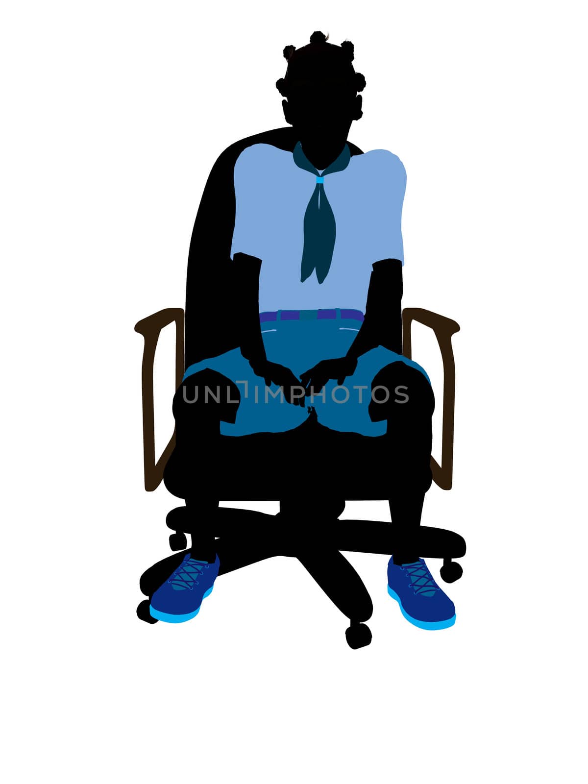 African american girl scout sitting in a chair silhouette dressed in shorts on a white background