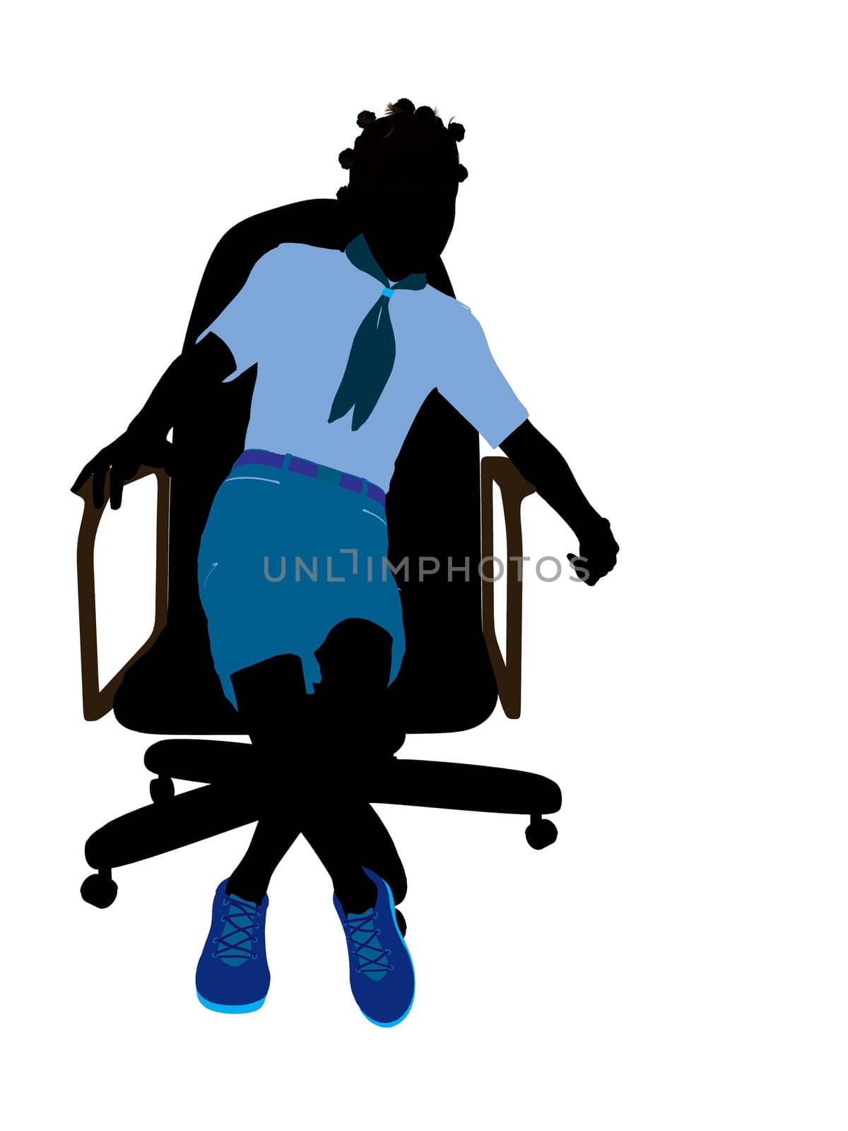 African american girl scout sitting in a chair silhouette dressed in shorts on a white background