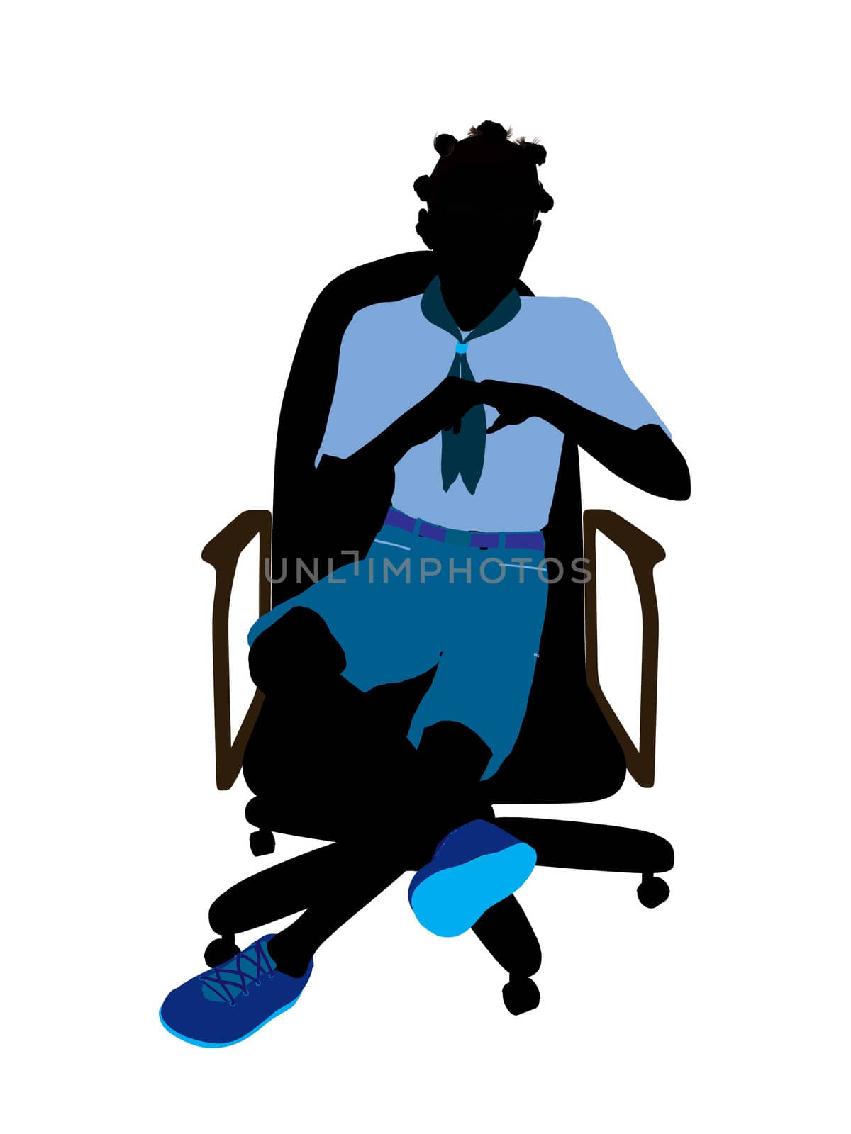 African american girl scout sitting in a chair silhouette dressed in shorts on a white background