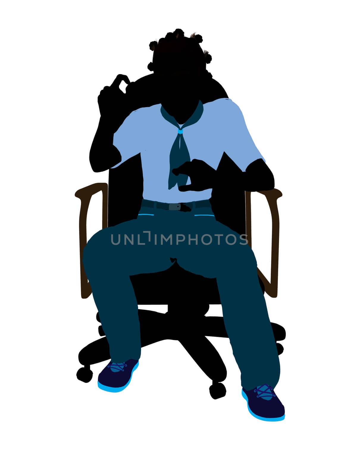 African american girl scout sitting in a chair silhouette dressed in shorts on a white background