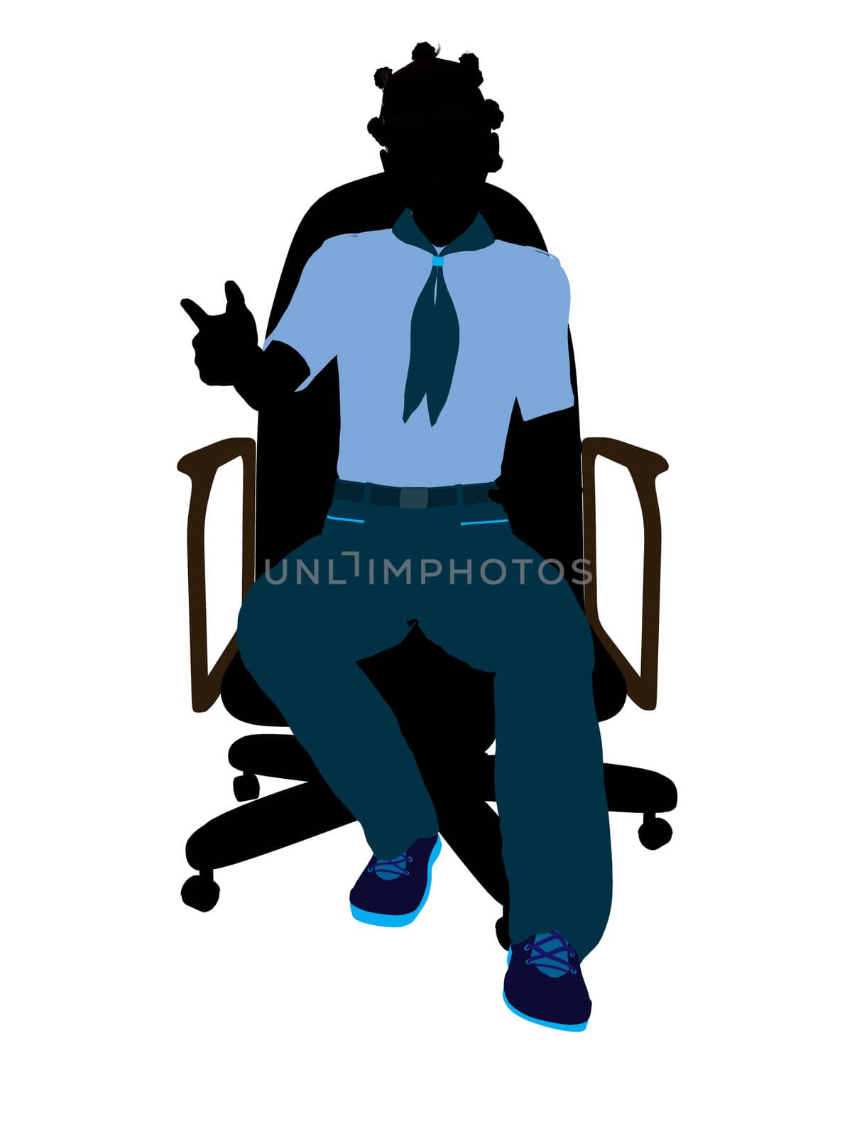African american girl scout sitting in a chair silhouette dressed in shorts on a white background