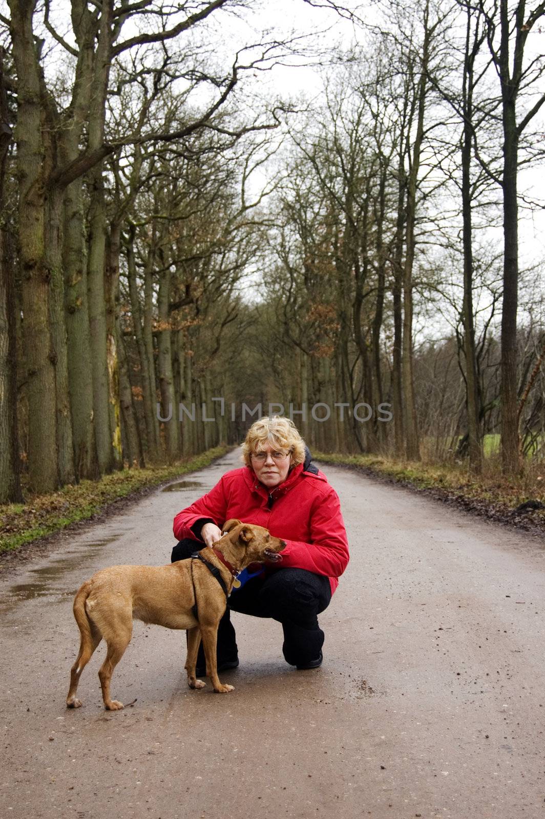 elderly woman together with the dog in a park