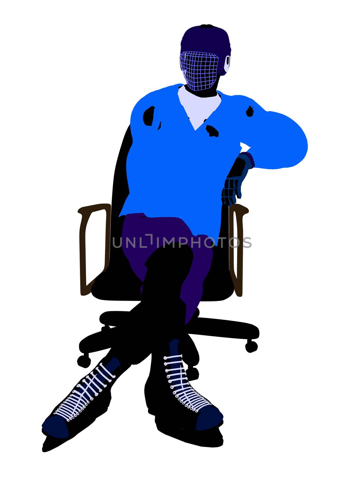 Male hockey player sitting on a chair art illustration silhouette on a white background