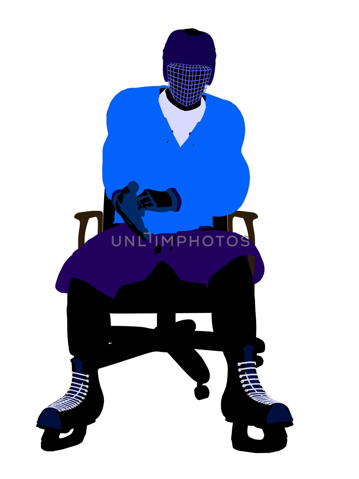 Male hockey player sitting on a chair art illustration silhouette on a white background