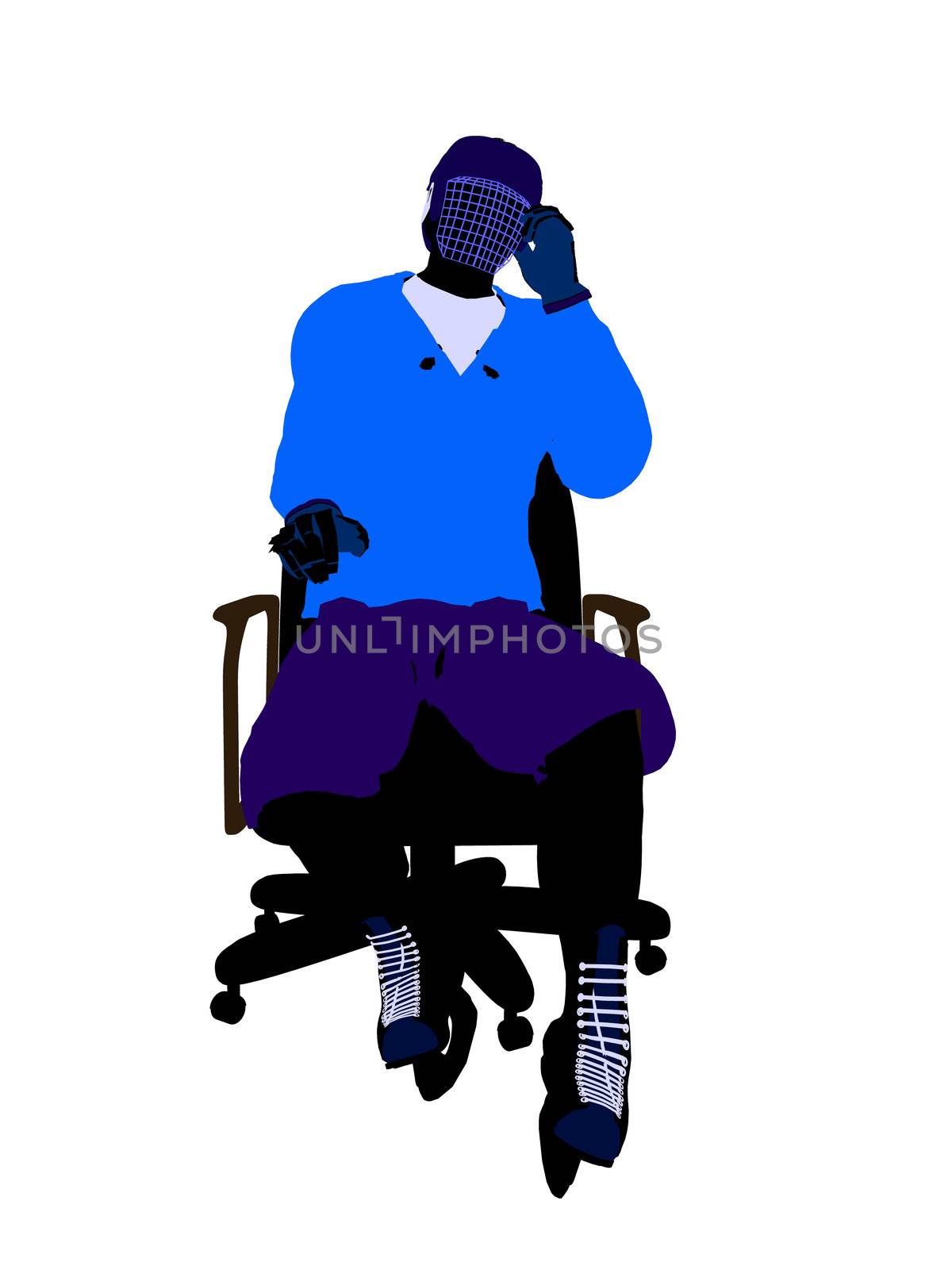 Male hockey player sitting on a chair art illustration silhouette on a white background