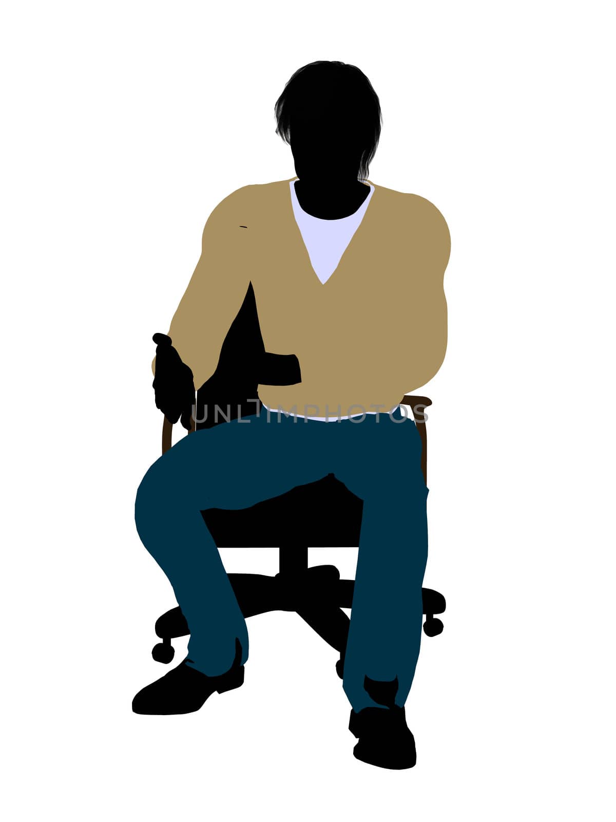 Casually dressed male in overalls sitting in a chair silhouette on a white background