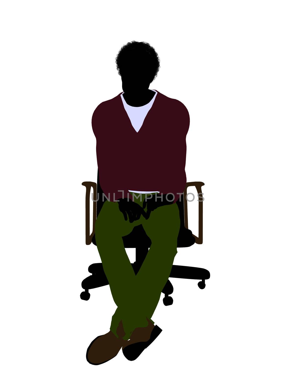 African American casual dressed male sitting on a chair silhouette on a white background