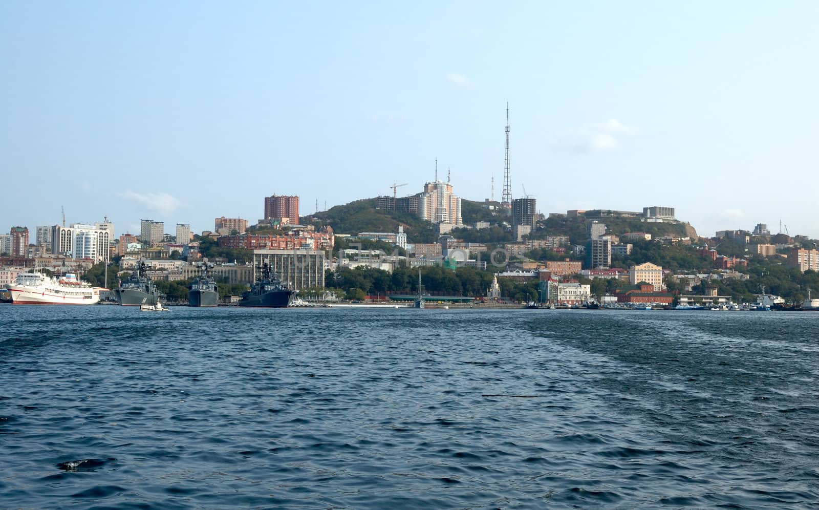 Sea scenery of Russian naval  and seaport Vladivostok .