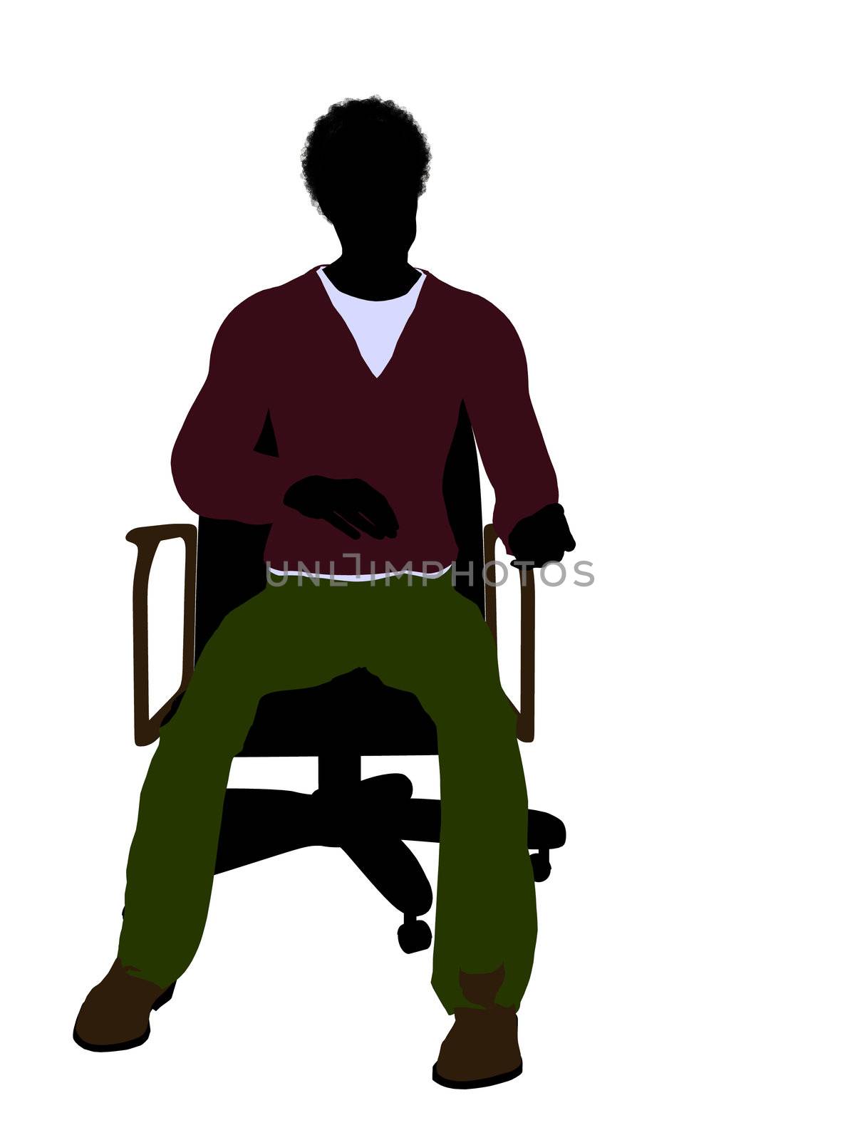 African American casual dressed male sitting on a chair silhouette on a white background