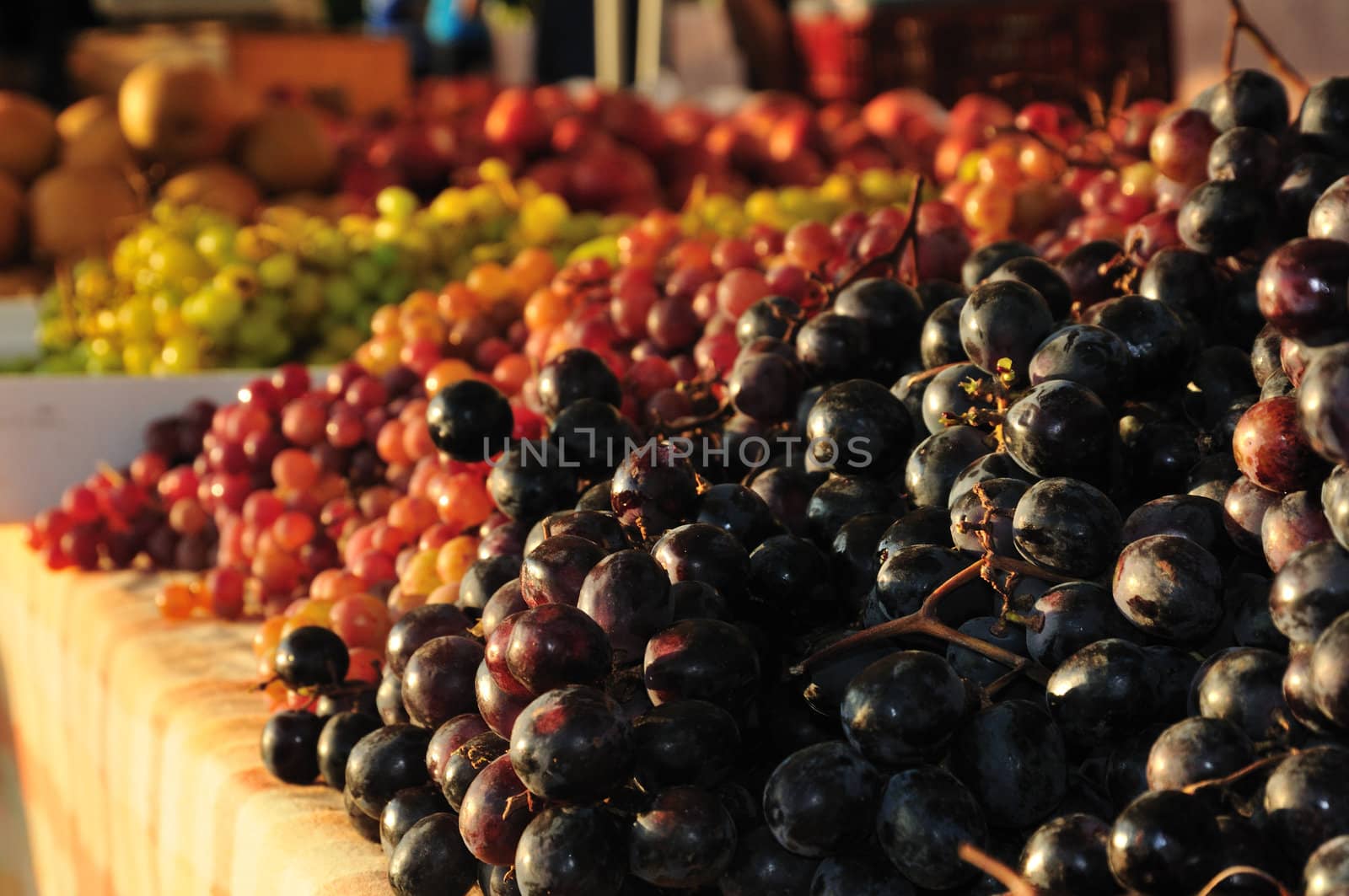 Black, red, and green grapes at a farmer's market