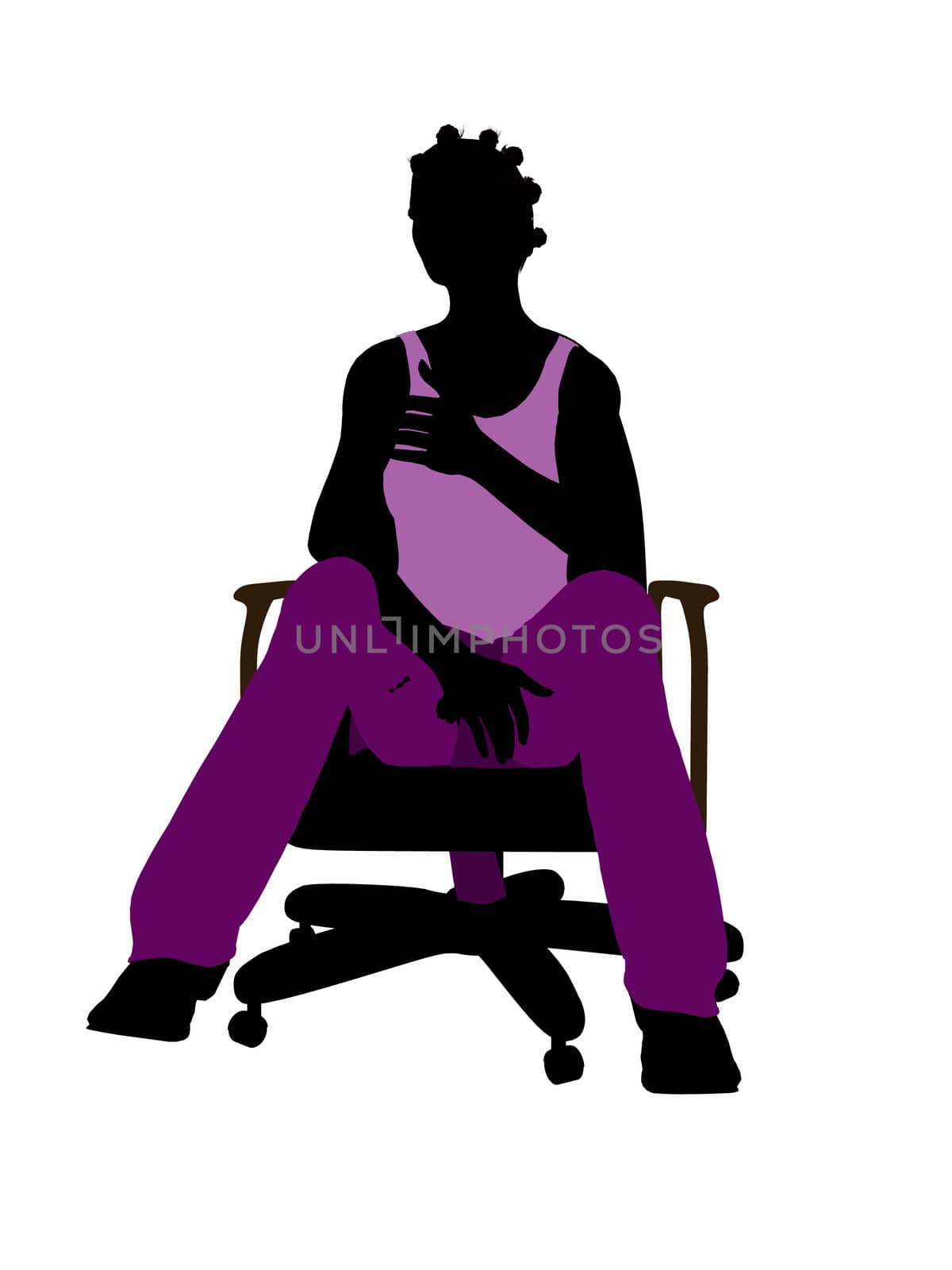 African American casual dressed female sitting on a chair silhouette on a white background