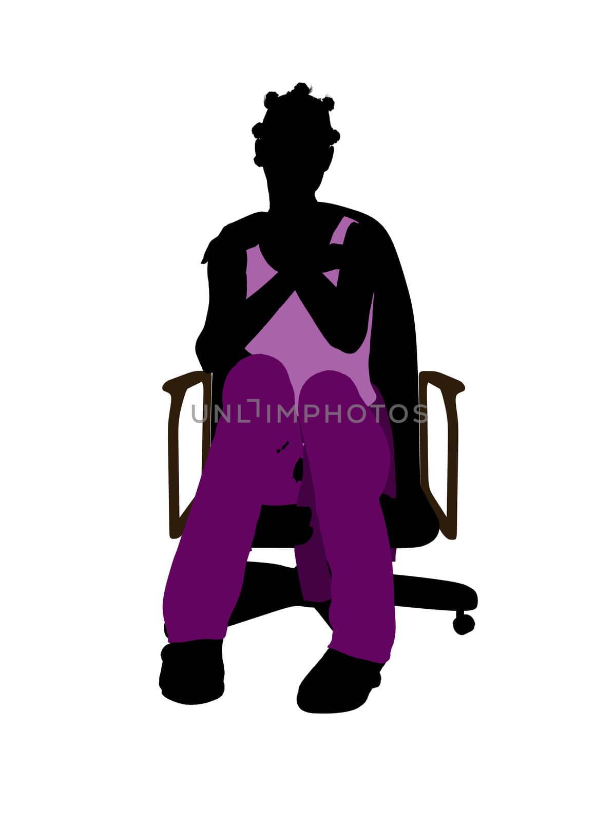 African American casual dressed female sitting on a chair silhouette on a white background