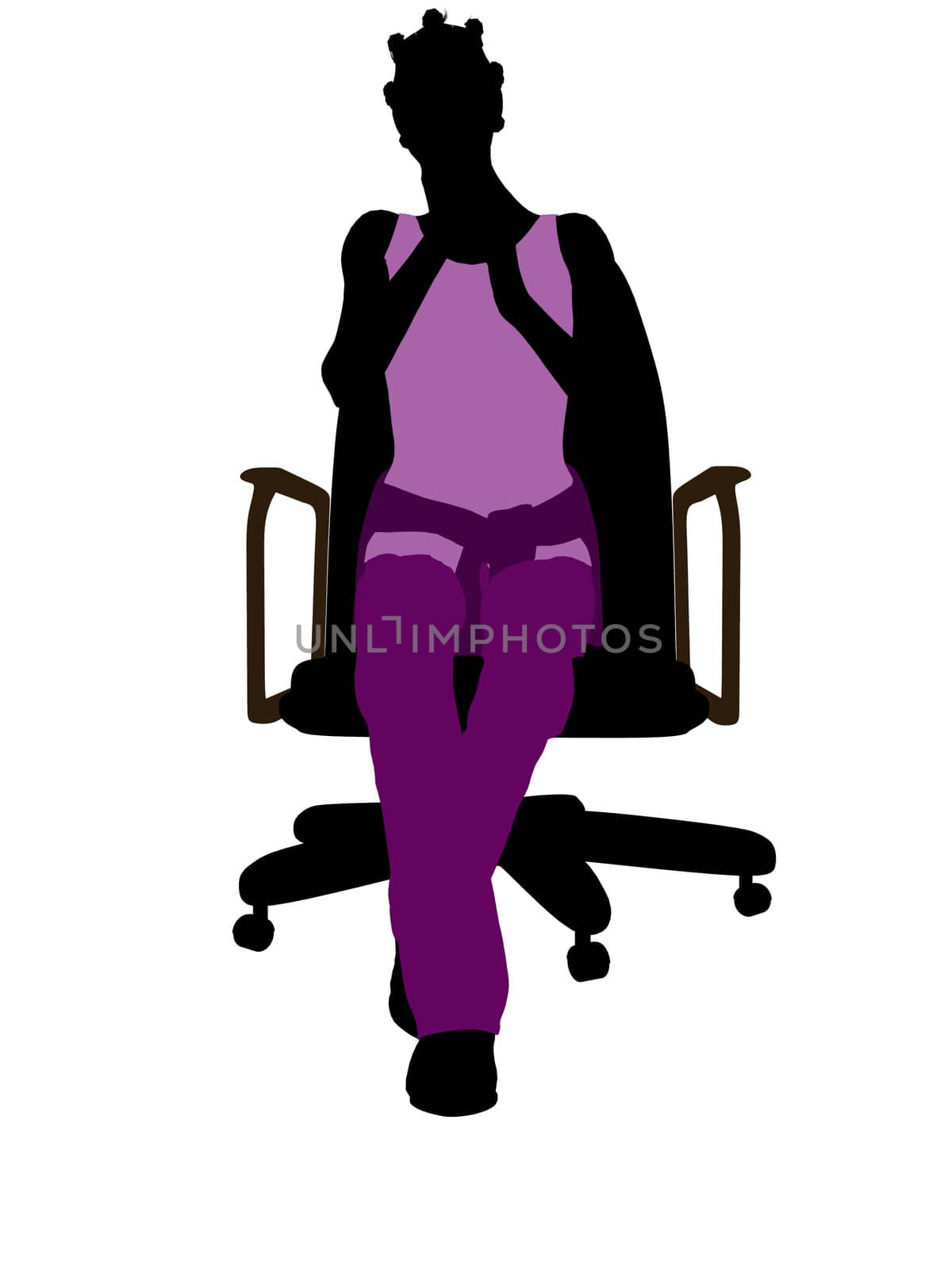 African American casual dressed female sitting on a chair silhouette on a white background