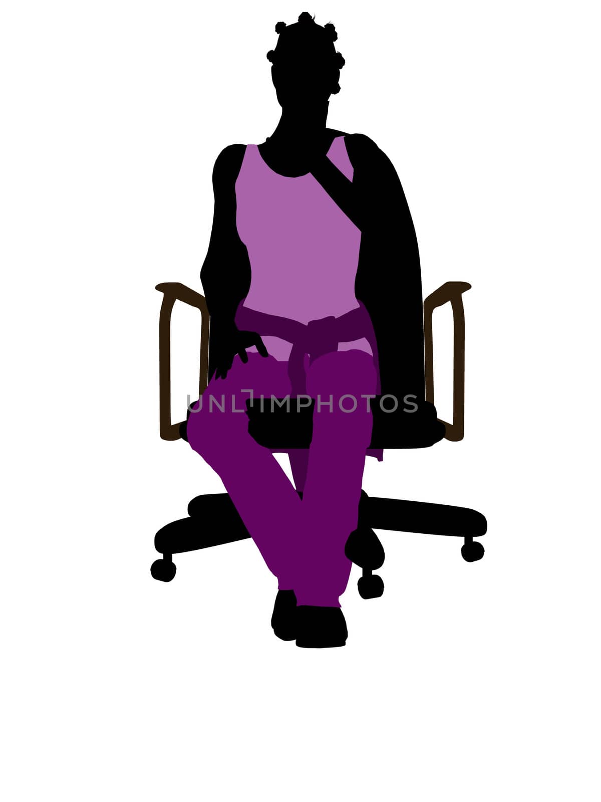 African American casual dressed female sitting on a chair silhouette on a white background