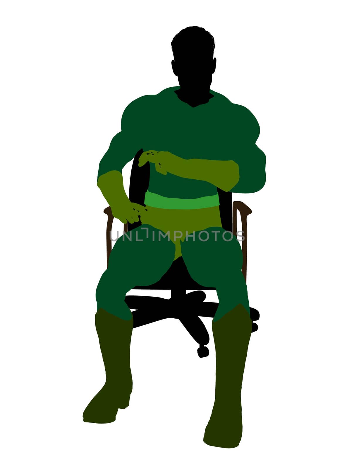 Male super hero sitting on a chair silhouette dressed in shorts on a white background