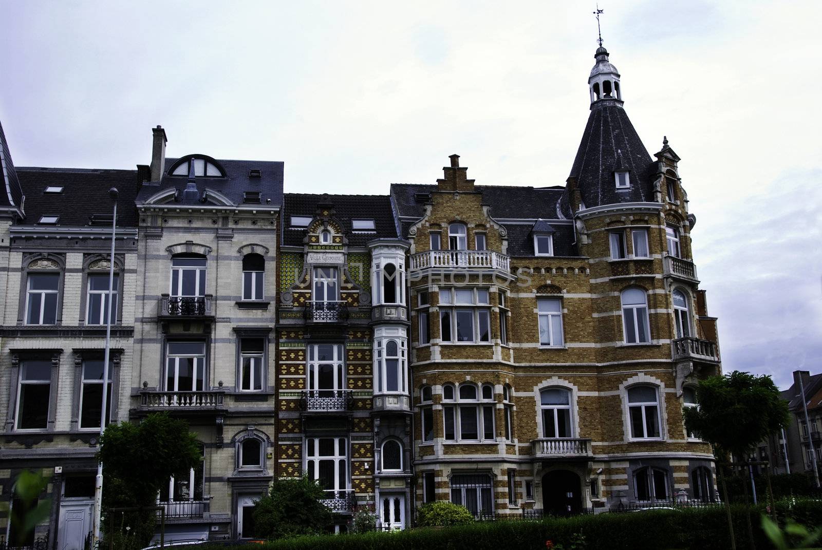 These are a few buildings on the beautiful Ambiorix Square in Brussels, Belgium. The area around the square is known for its stunning Art Nouveau buildings. 
