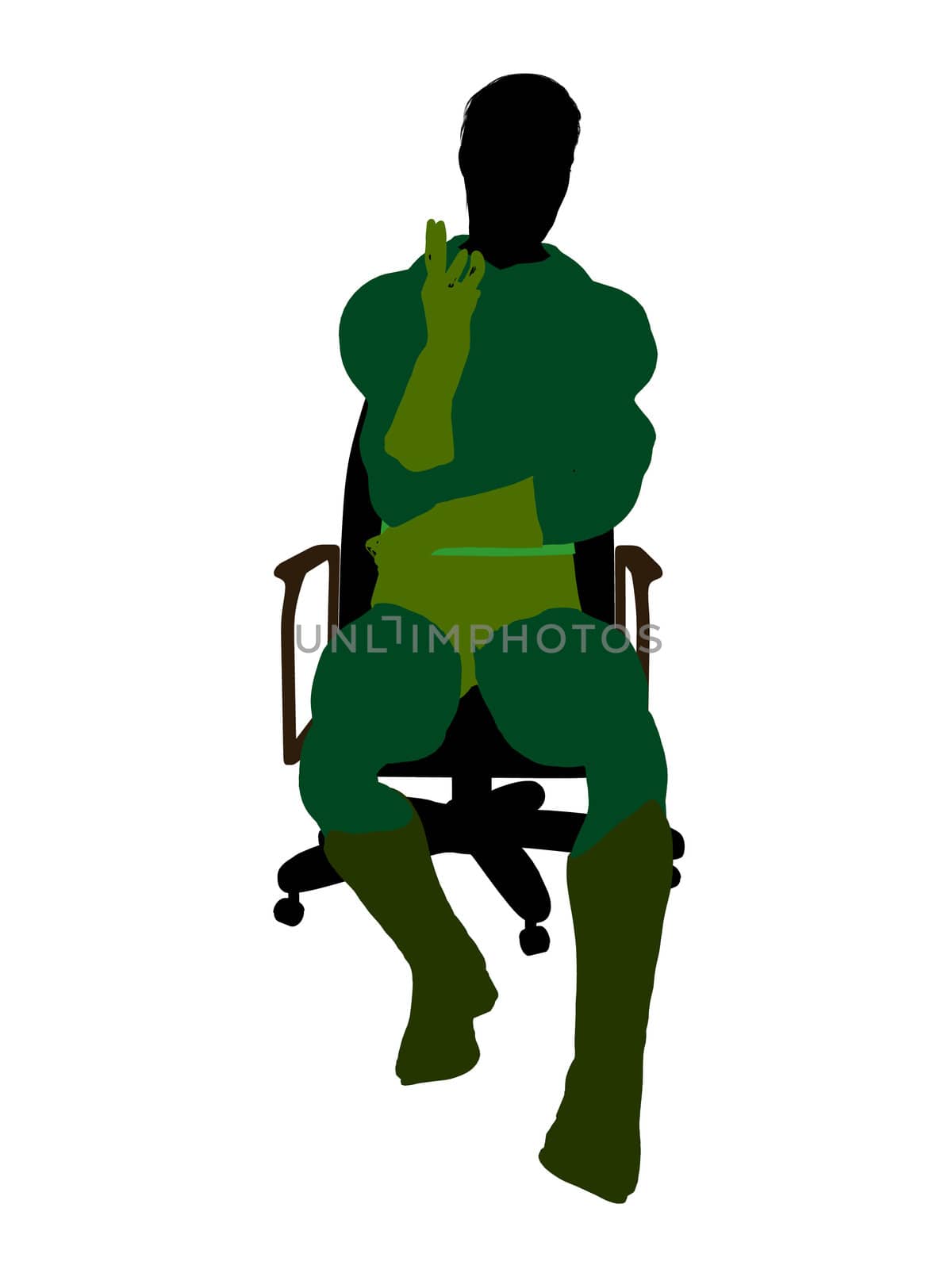 Male super hero sitting on a chair silhouette dressed in shorts on a white background