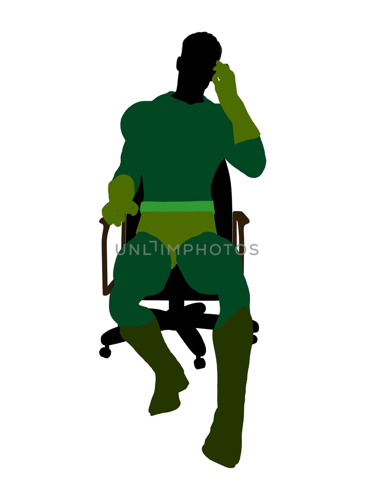 Male super hero sitting on a chair silhouette dressed in shorts on a white background