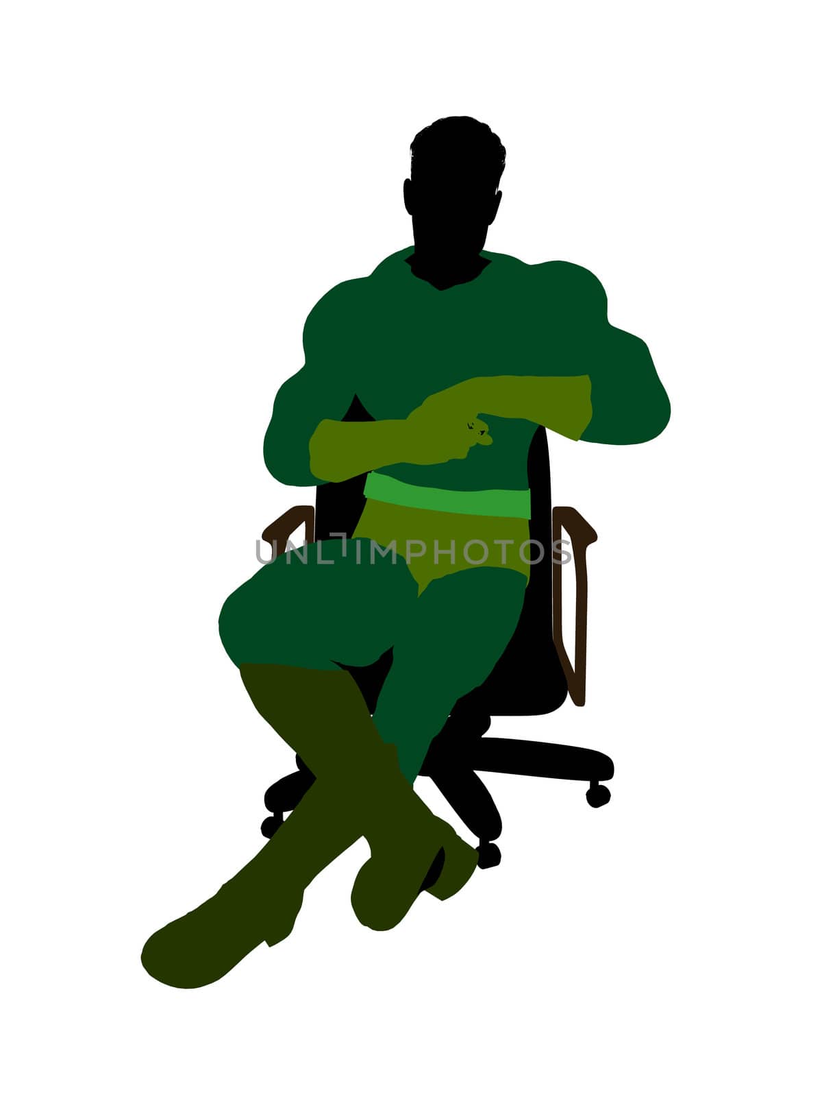 Male super hero sitting on a chair silhouette dressed in shorts on a white background