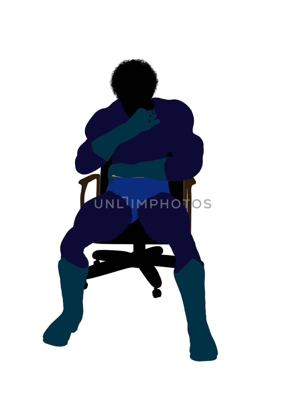 African american male super hero sitting on a chair silhouette dressed in shorts on a white background