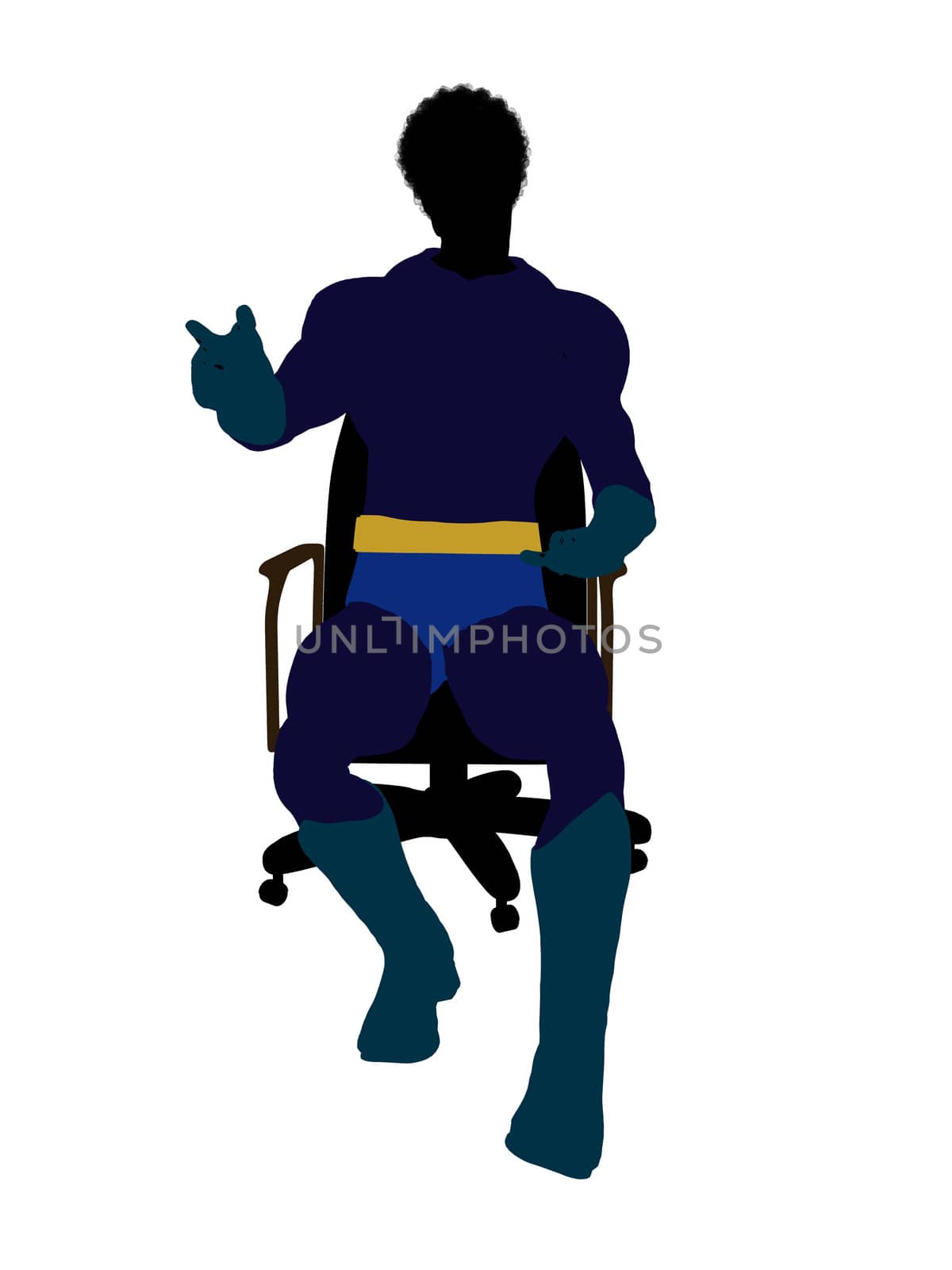 African american male super hero sitting on a chair silhouette dressed in shorts on a white background