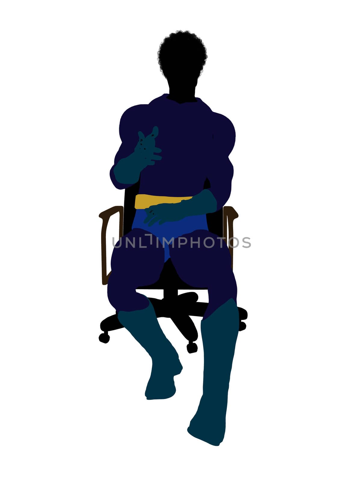 African american male super hero sitting on a chair silhouette dressed in shorts on a white background