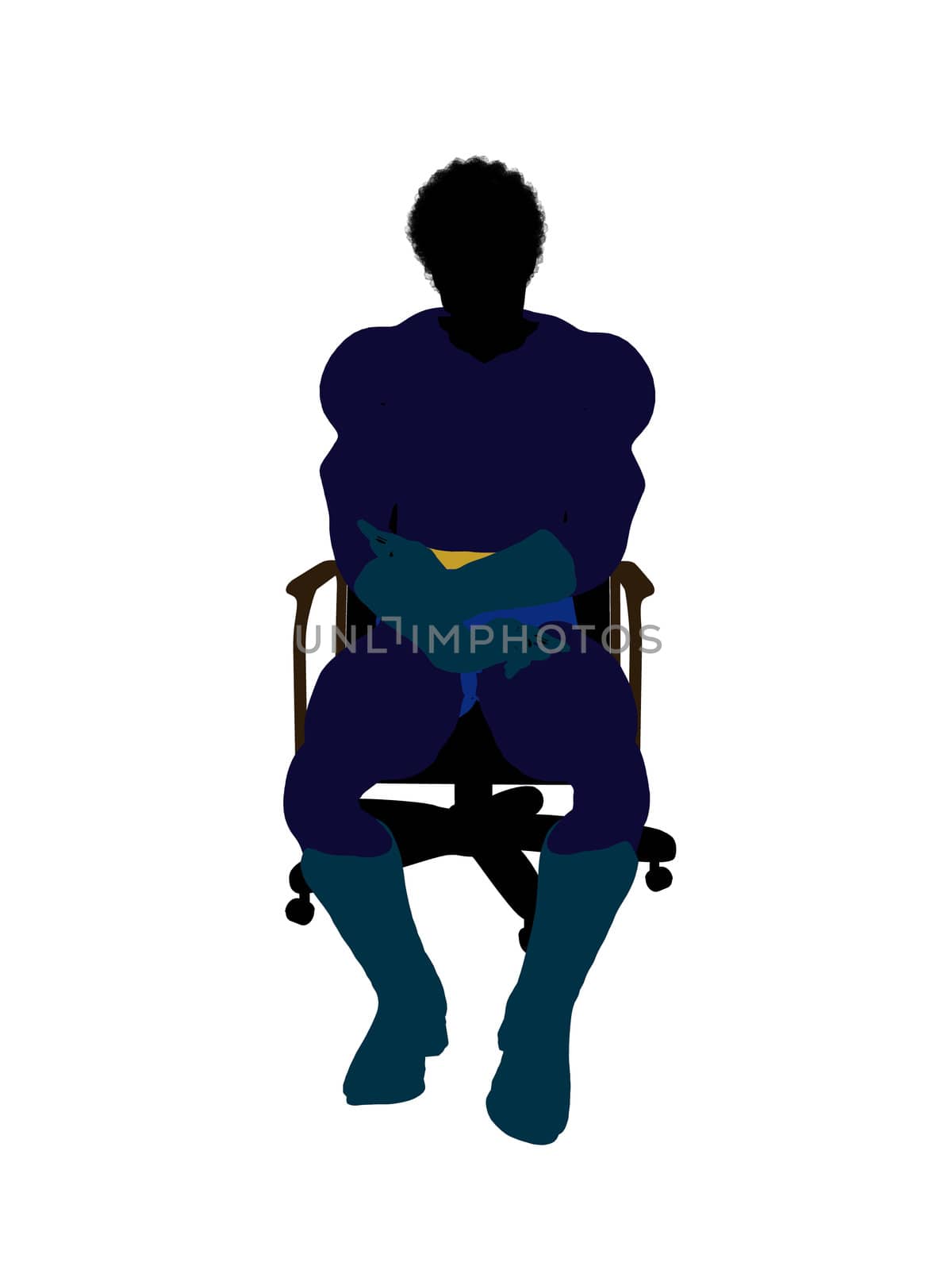 African american male super hero sitting on a chair silhouette dressed in shorts on a white background