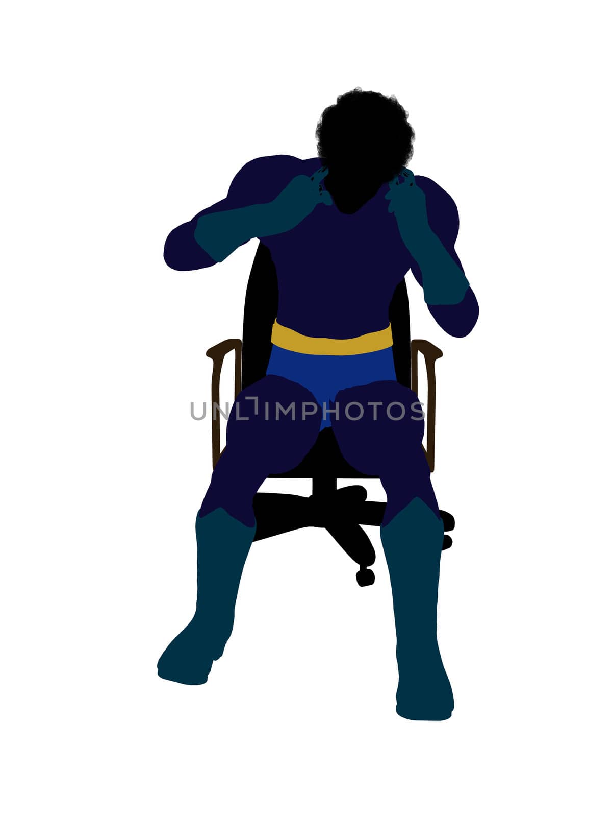 African american male super hero sitting on a chair silhouette dressed in shorts on a white background