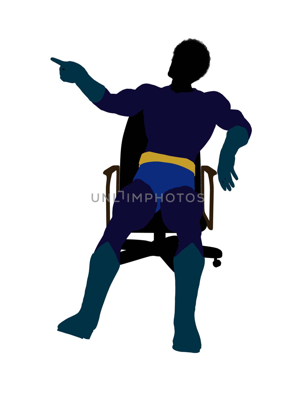 African american male super hero sitting on a chair silhouette dressed in shorts on a white background