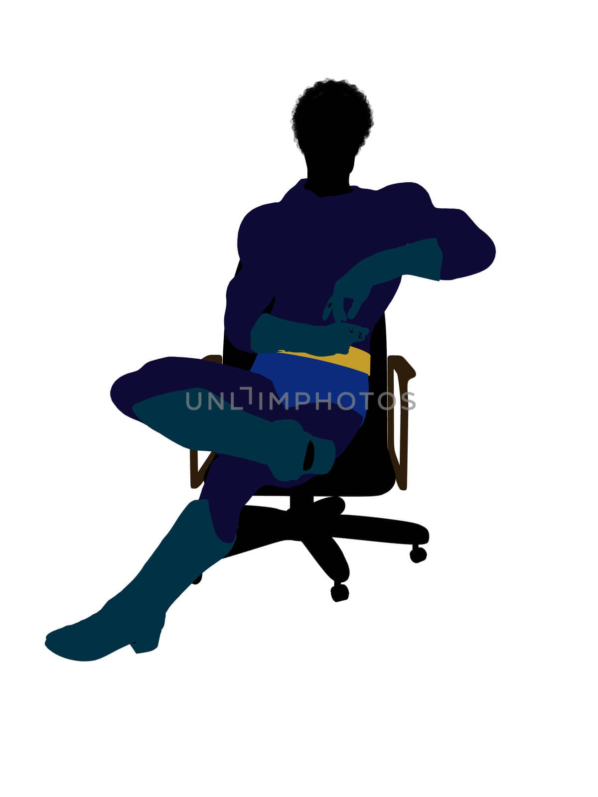 African american male super hero sitting on a chair silhouette dressed in shorts on a white background