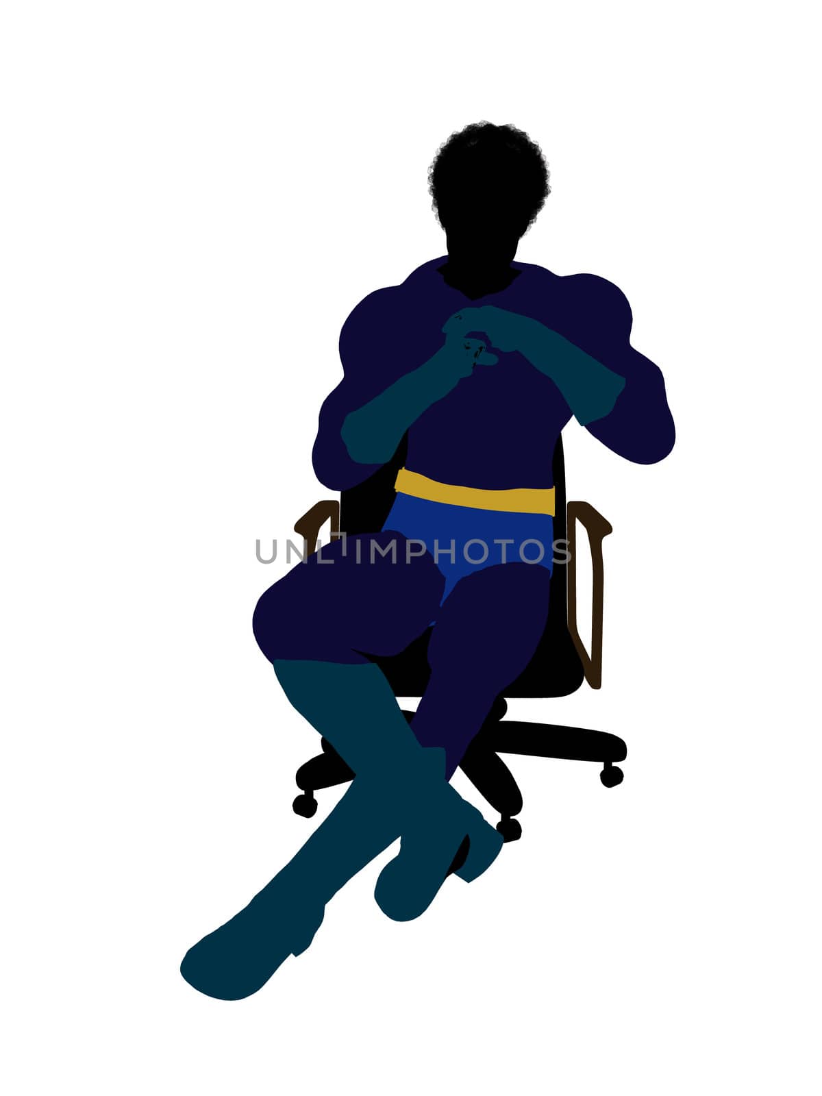 African american male super hero sitting on a chair silhouette dressed in shorts on a white background