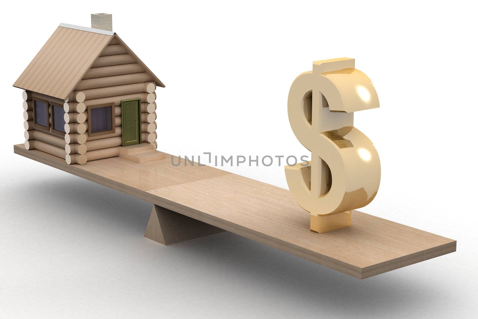 house and dollar on scales. 3D image.
