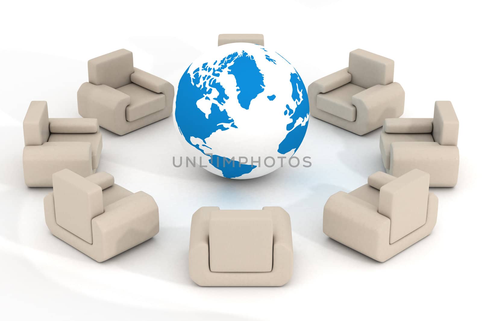 Eight leather armchairs round globe. 3D image.