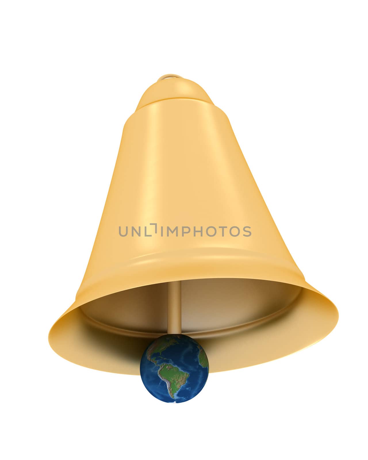 Gold hand bell on a white background. 3D image.
