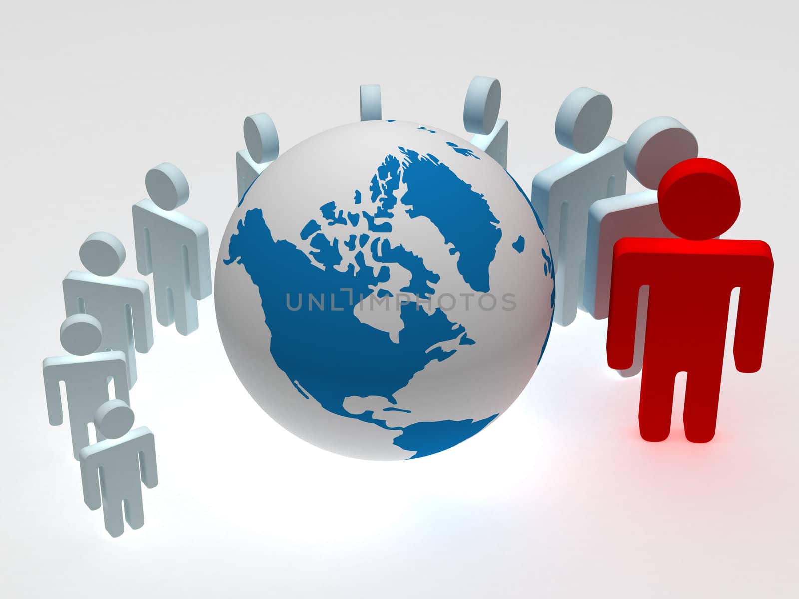 Group of people standing round globe. 3D image.