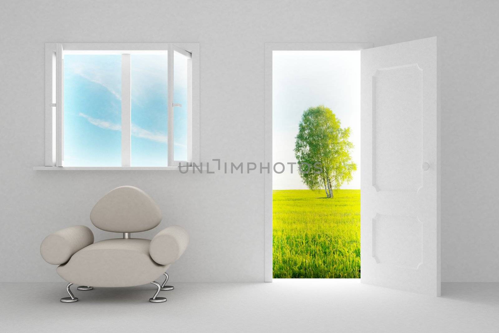 Landscape behind the open door and window. 3D image
