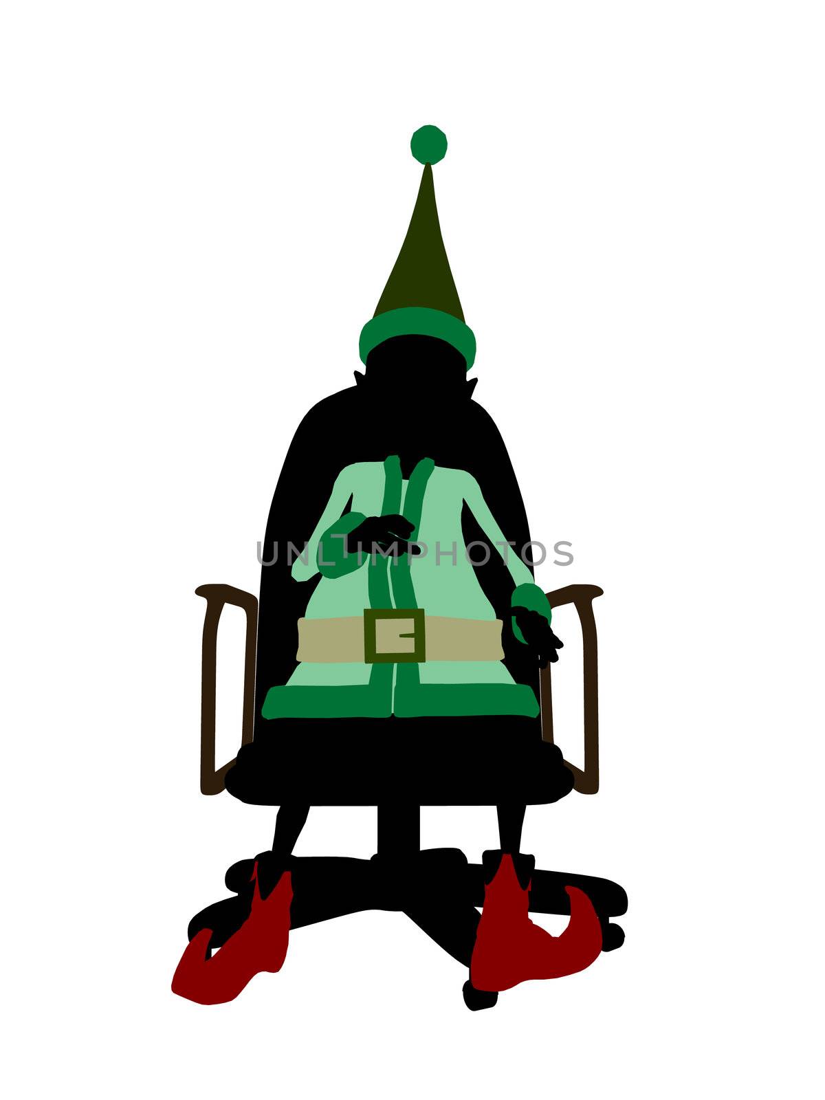 A  christmas elf sitting in a chair illustration silhouette on a white background