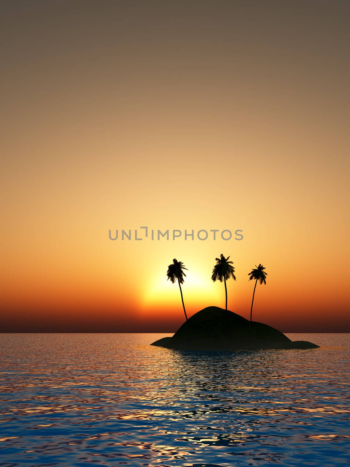 Illustration of a tiny tropical Island with three coconut trees against a sunset.