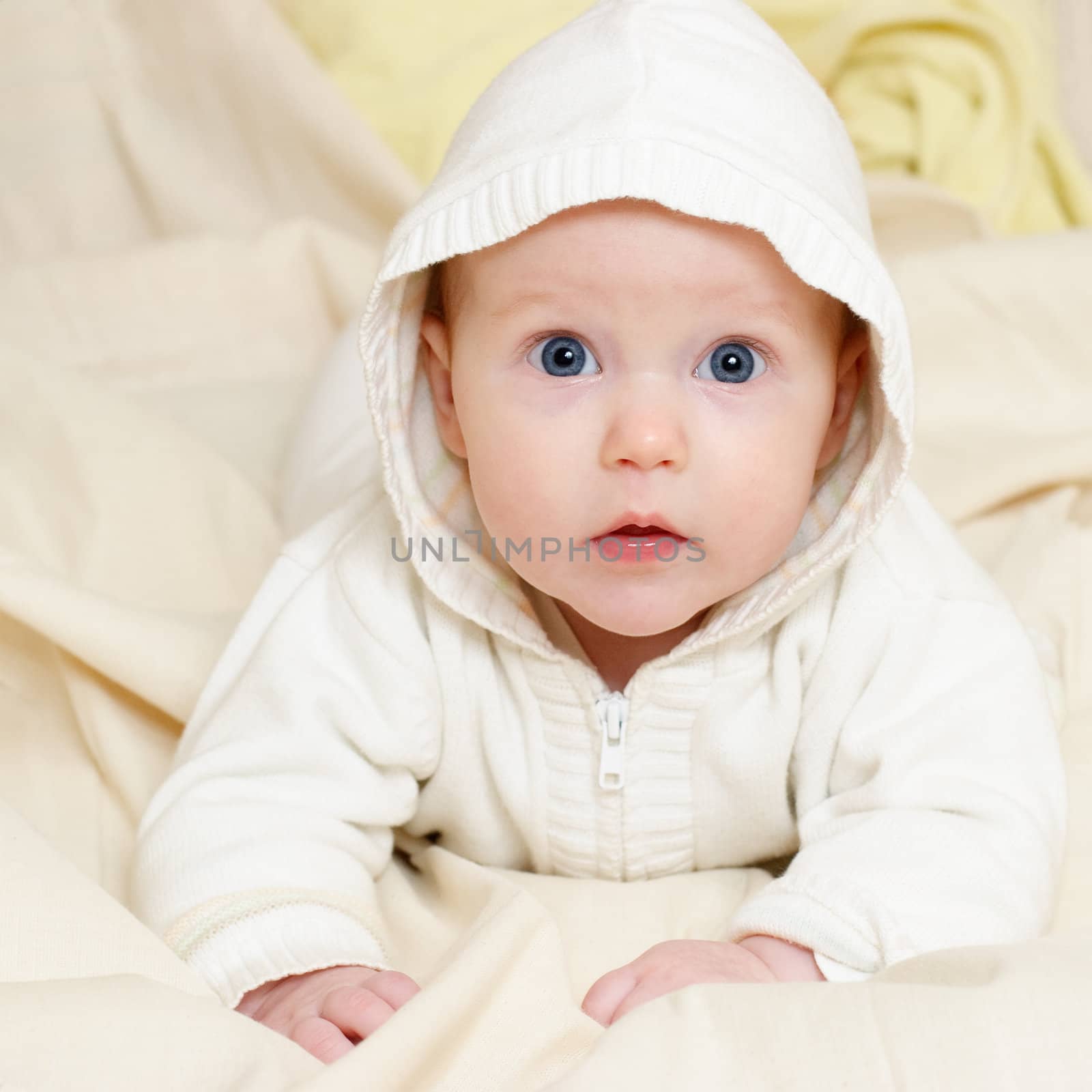 Portrait of four month baby girl wearing hood