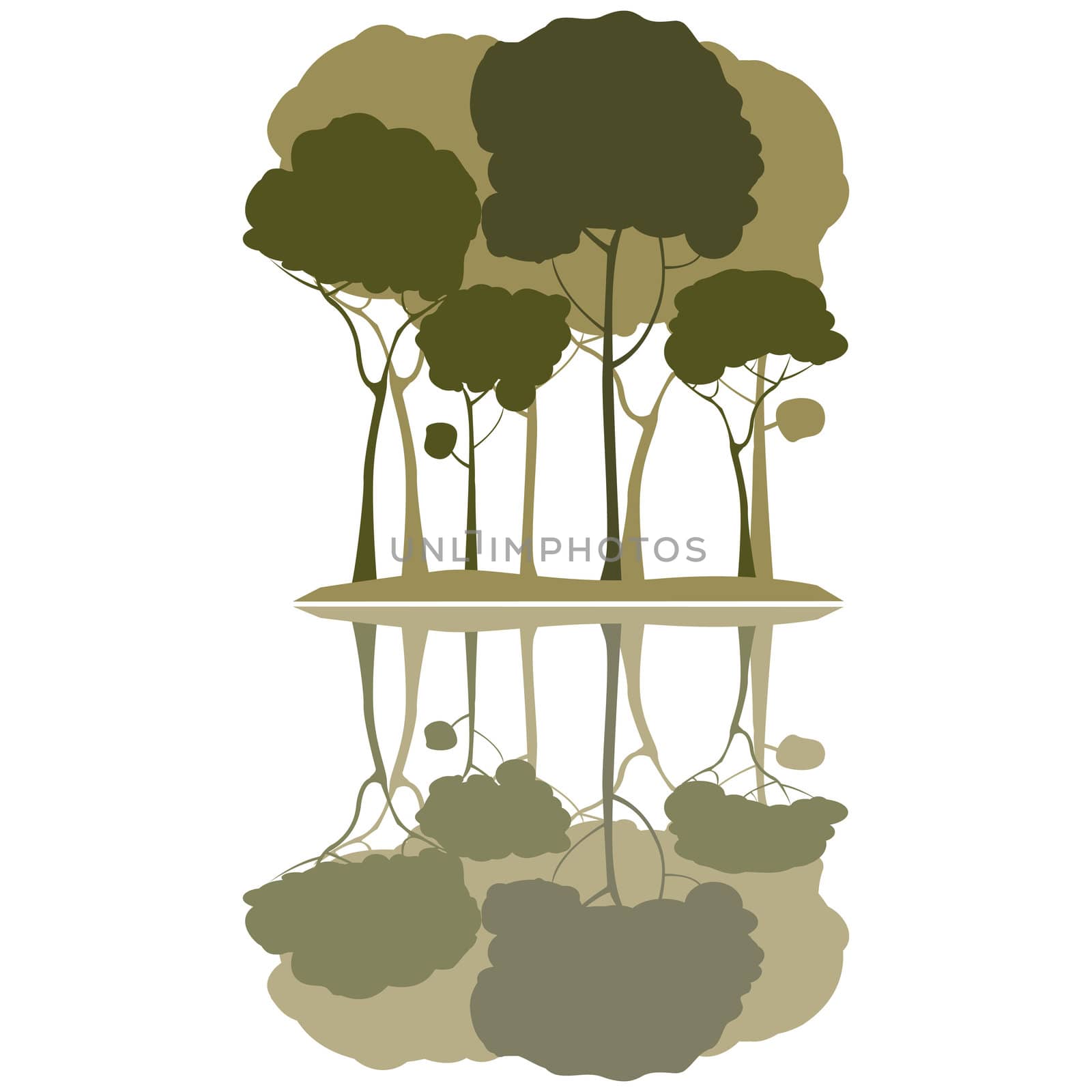 Trees and reflection, clip art illustration
