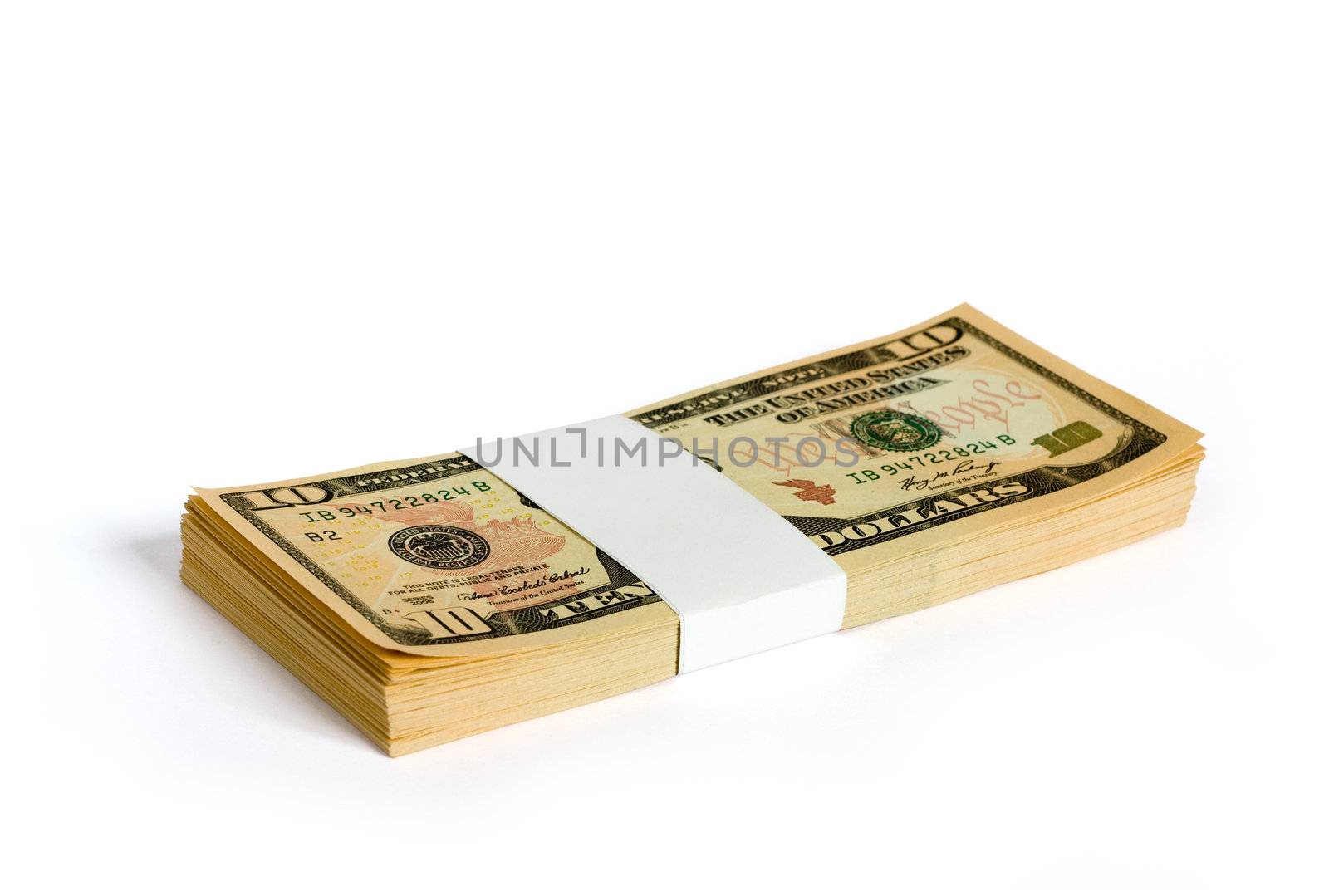 Wad of 10 dollar bank notes isolated on white. Clipping path included to easy remove object shadow or replace background. The United States ten-dollar bill ($10) is a denomination of United States currency.