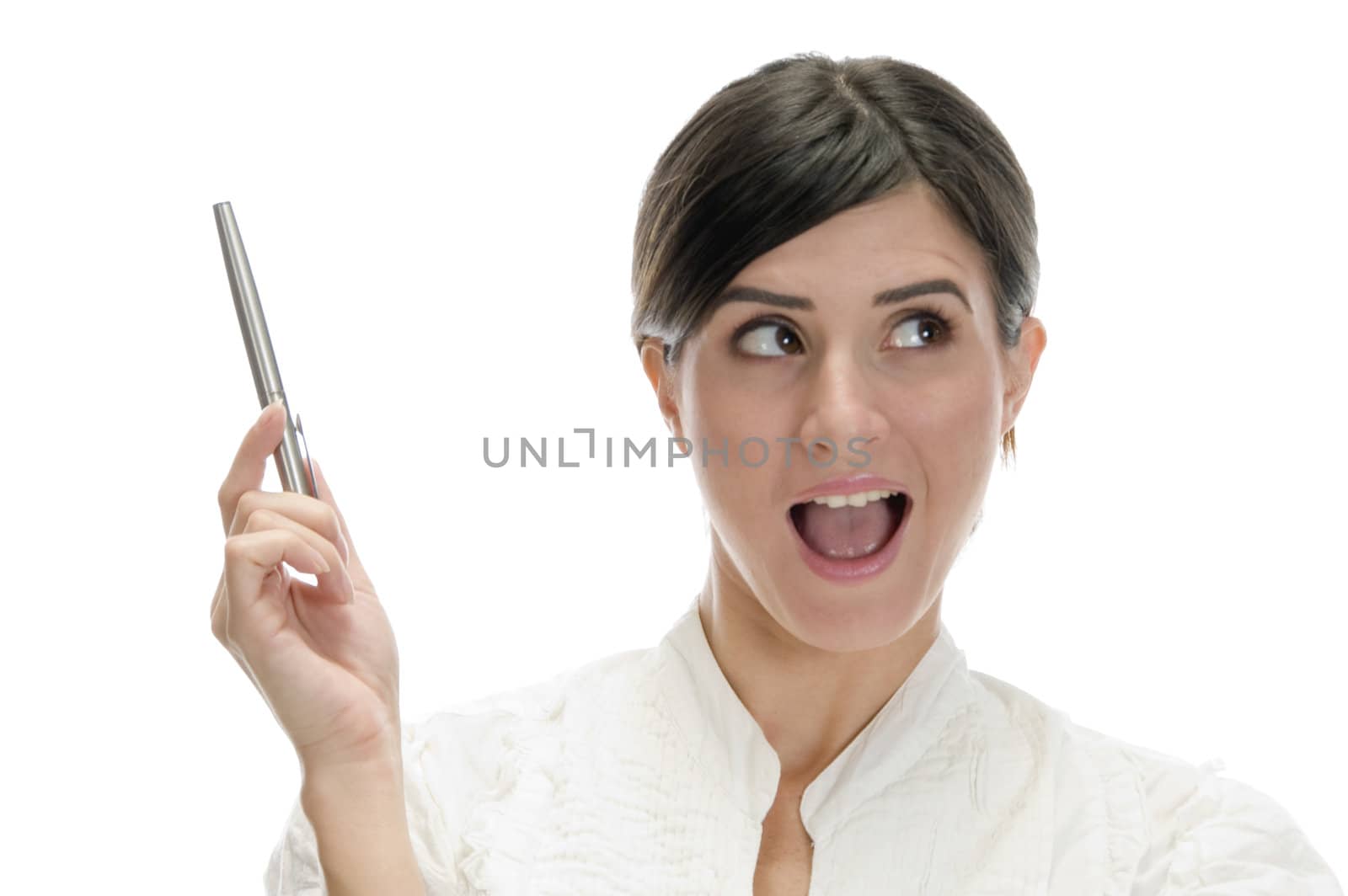 posing lady with pen against white background