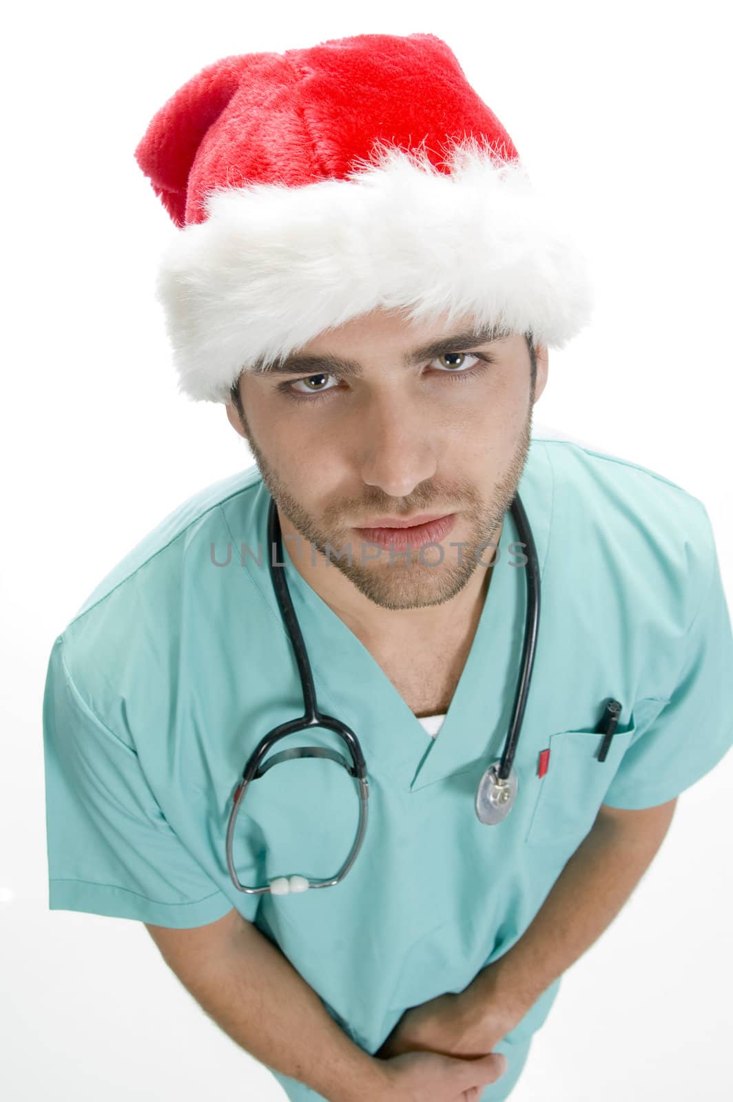 standing doctor with stethoscope on an isolated white background