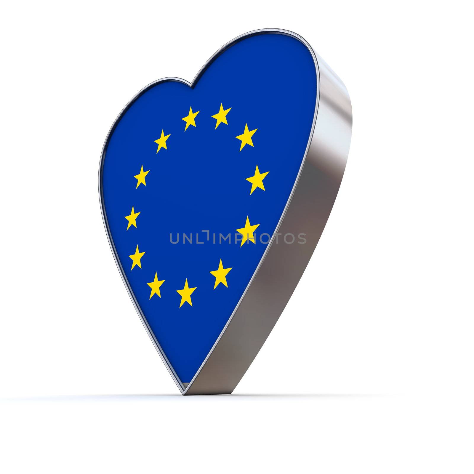 shiny metallic 3d heart of silver/chrome - front surface shows the european union flag