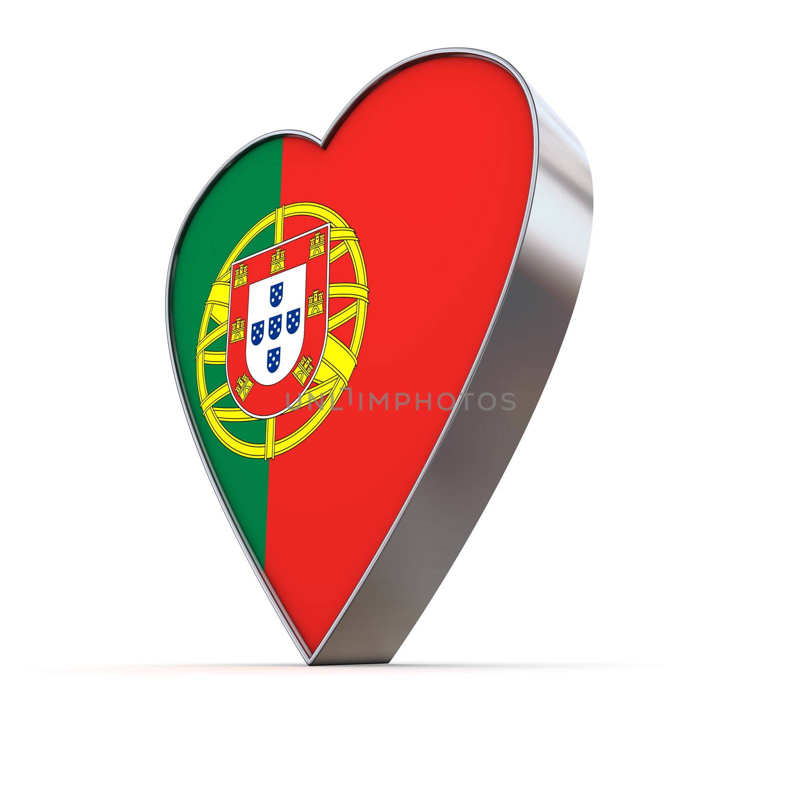 shiny metallic 3d heart of silver/chrome - front surface shows the portuguese flag