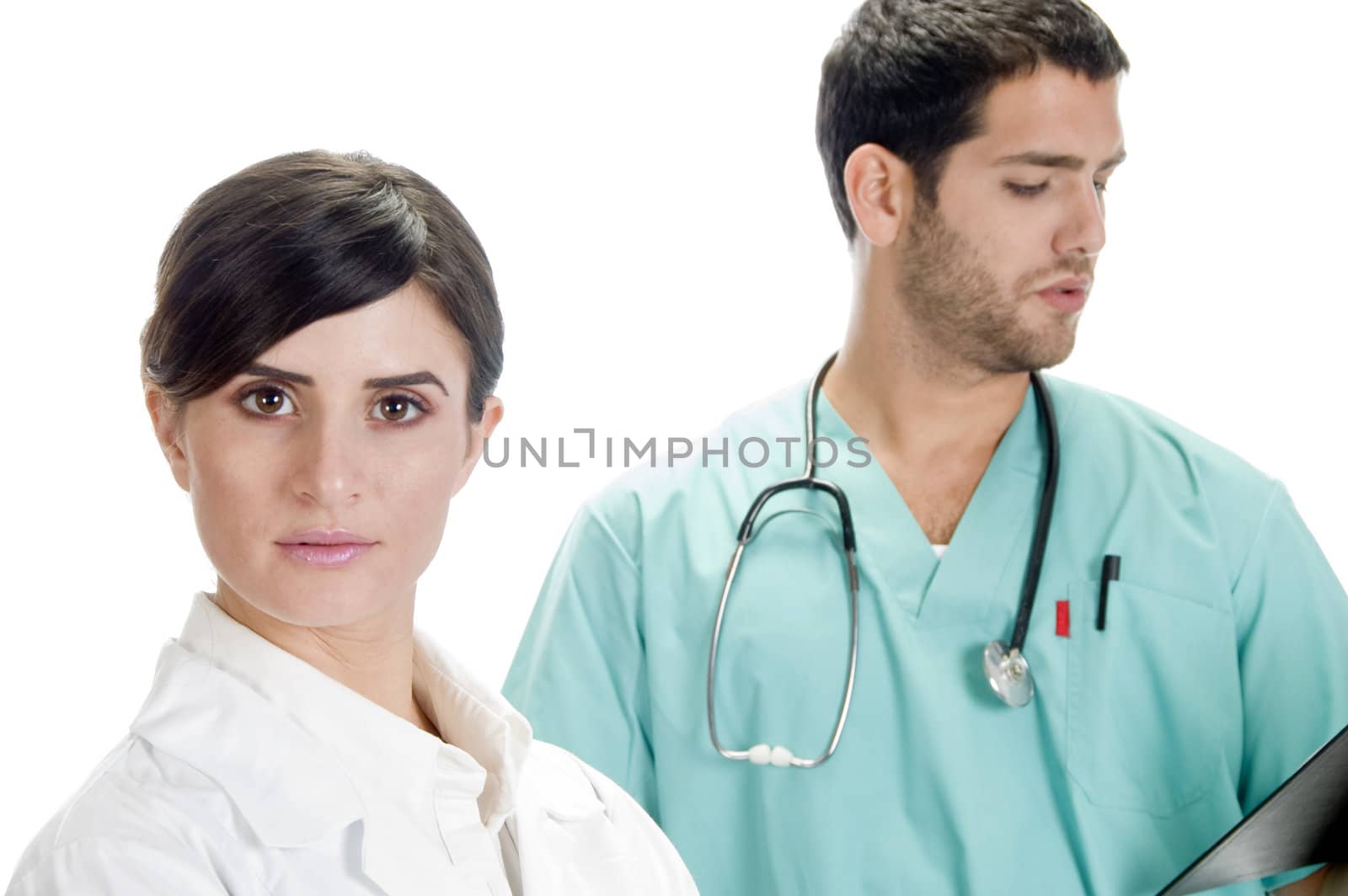 beautiful nurse with handsome doctor on an isolated white background