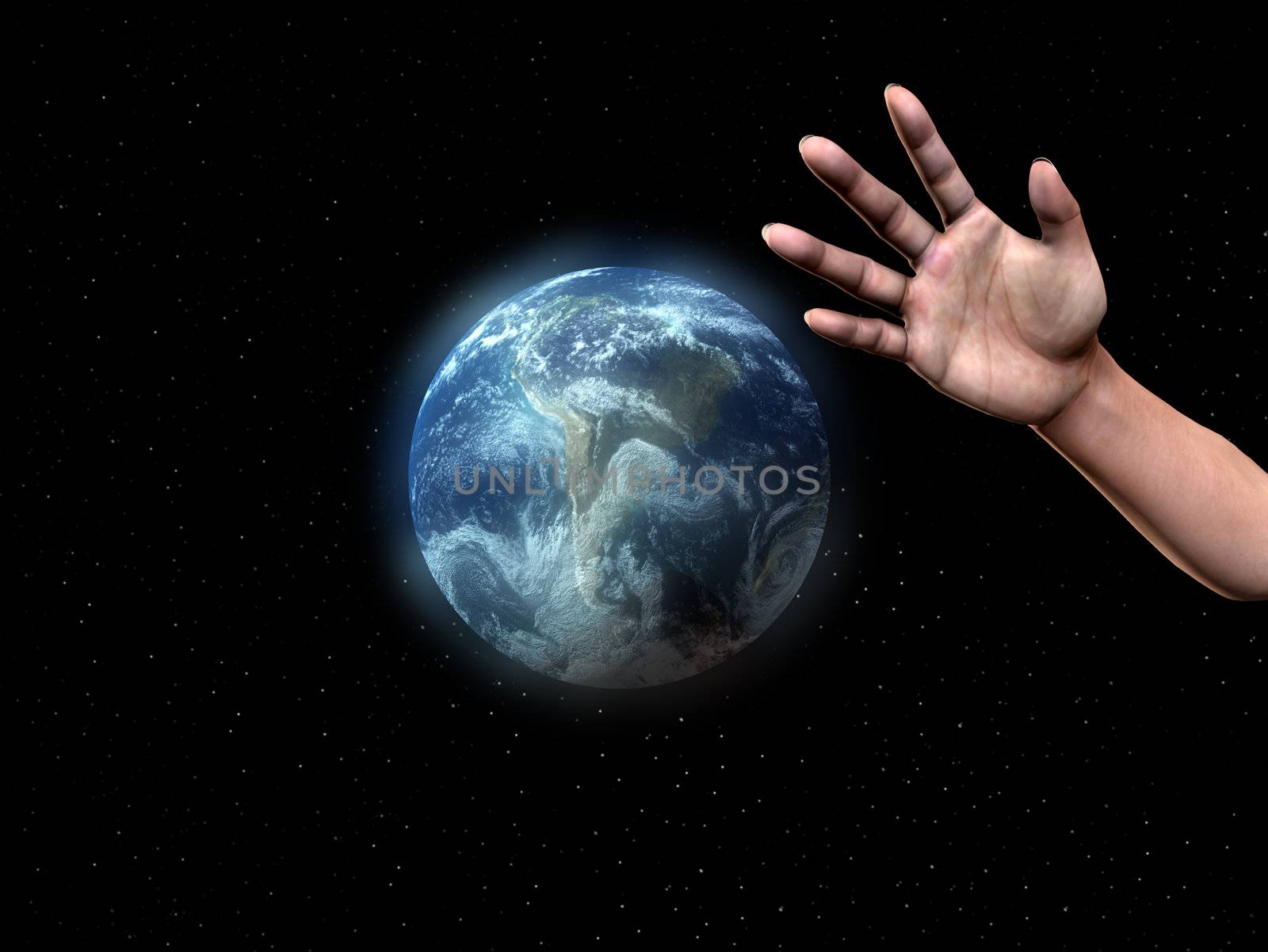 A conceptual image of a greedy hand about to grab control over the world.