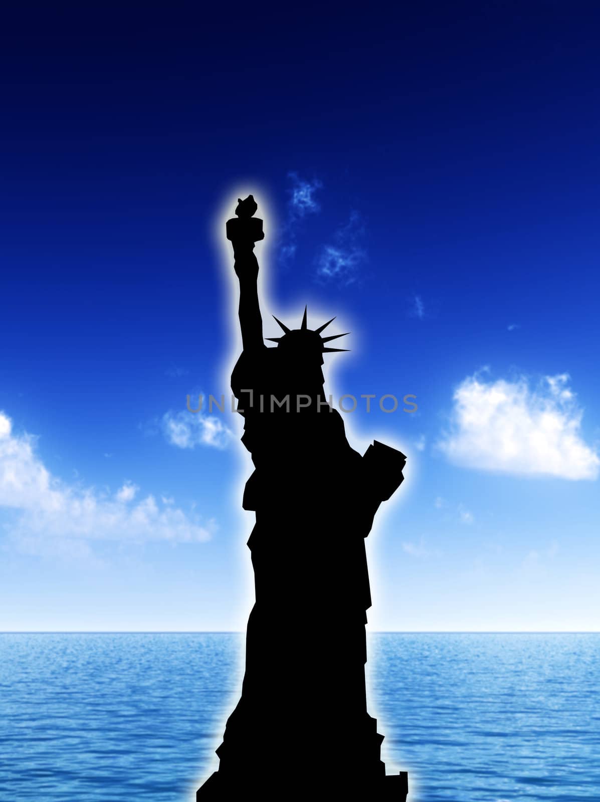 An illustration of the Statue of Liberty with a seascape daylight background.