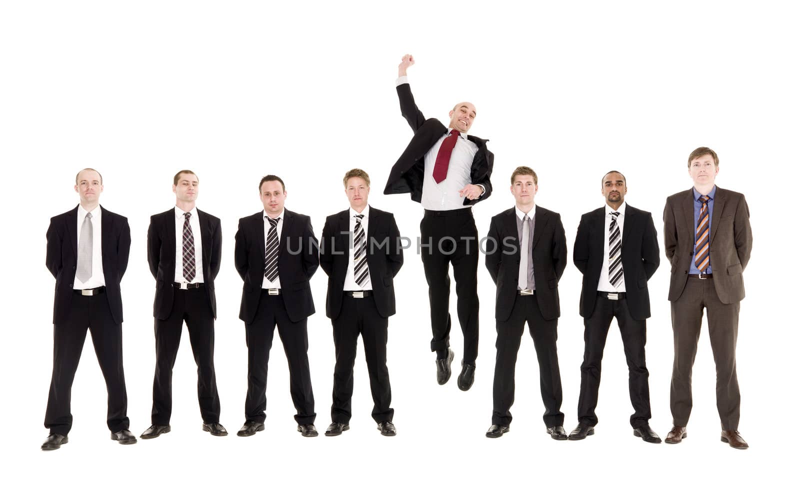 Jumping man in a row with other men isolated on white background