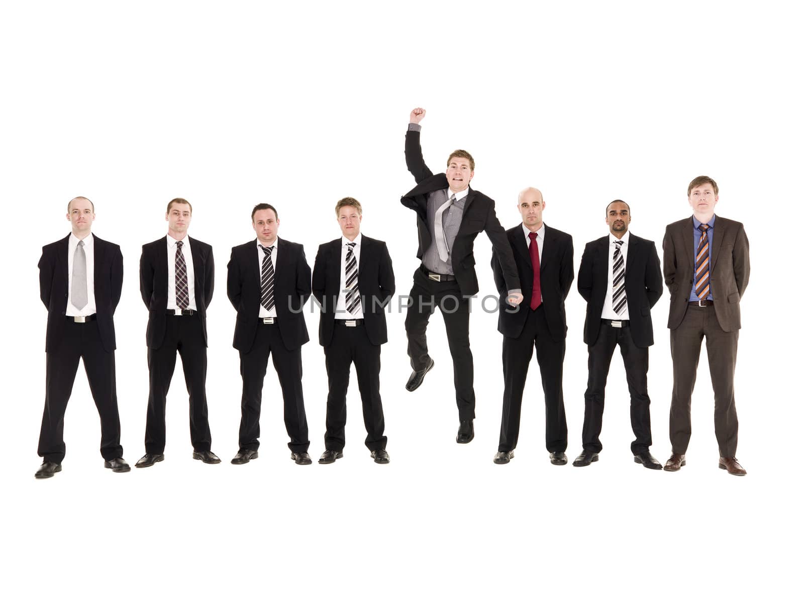 Jumping man in a row with other men isolated on white background